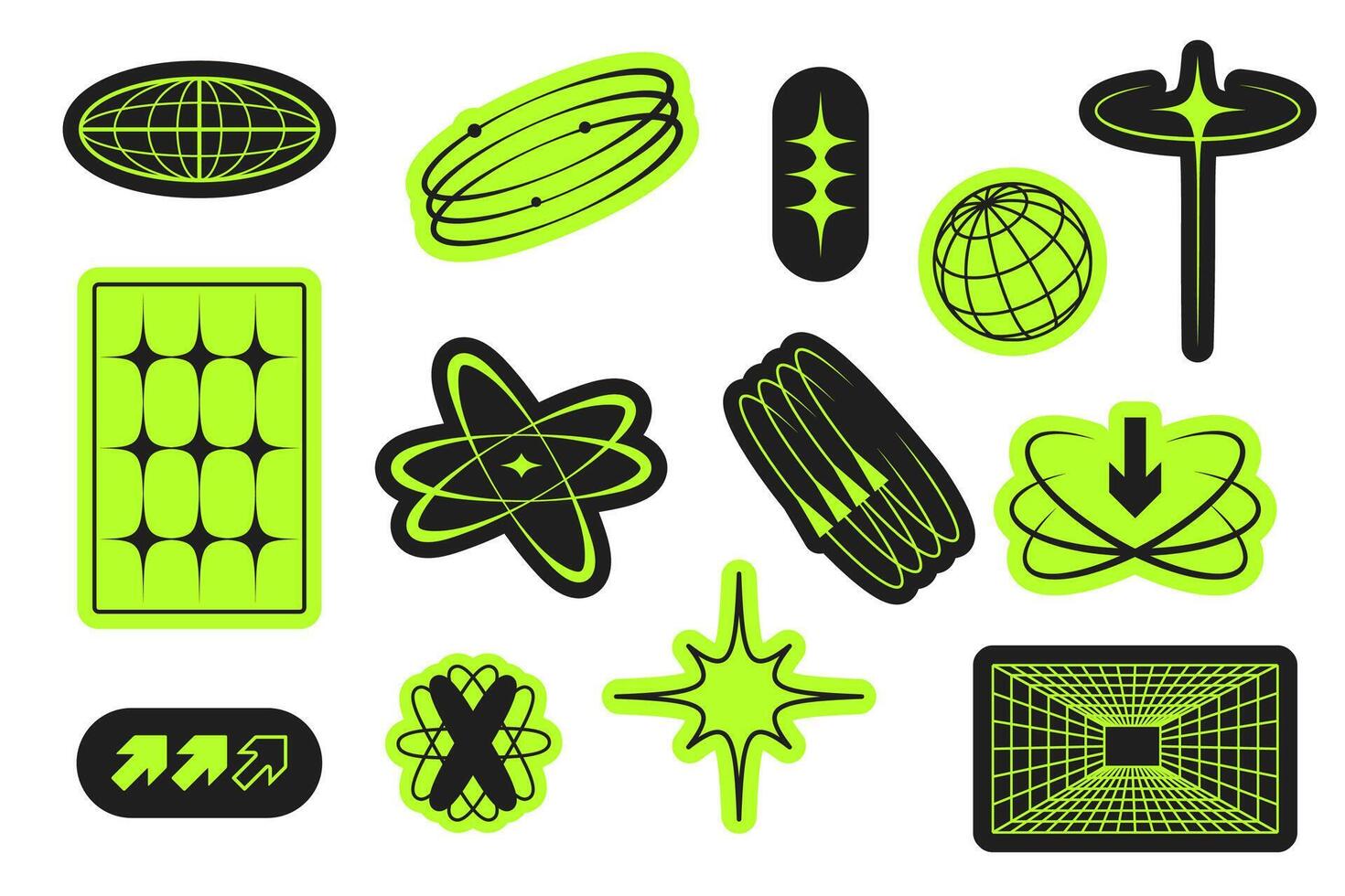 Neon green Y2K style stickers with futuristic shapes and symbols vector