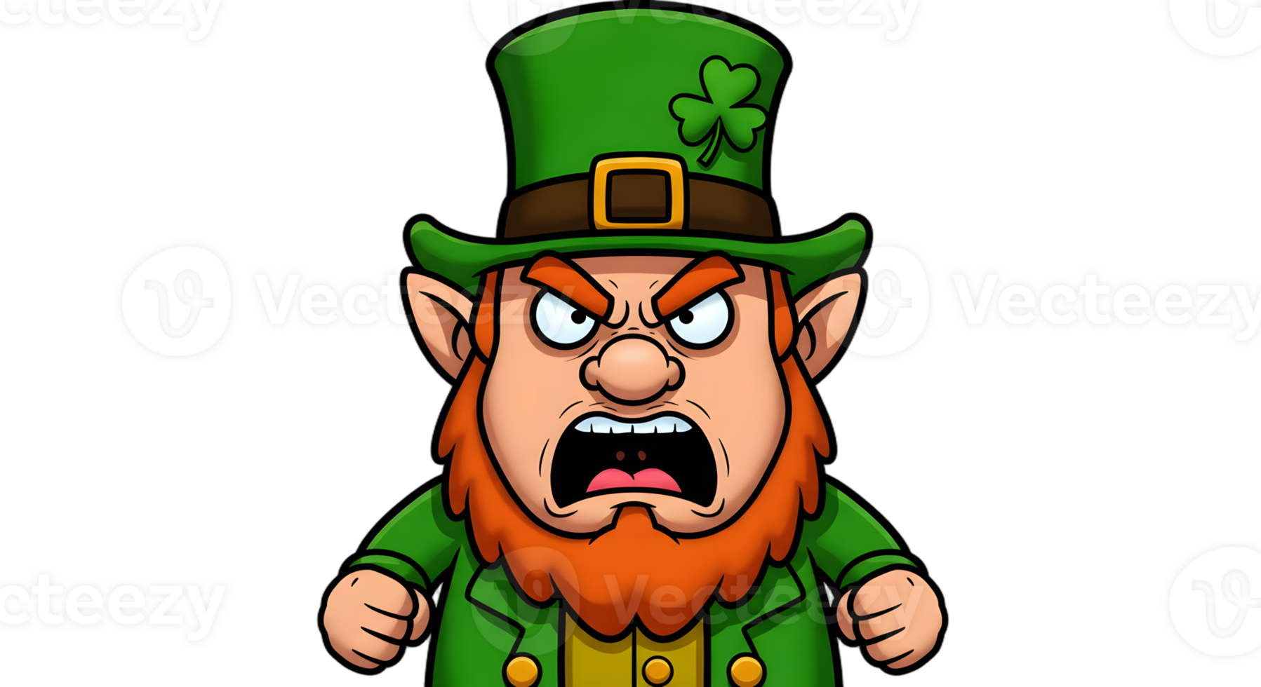 Angry leprechaun in traditional green attire, shaking his tiny fists in rage, isolated transparent background png