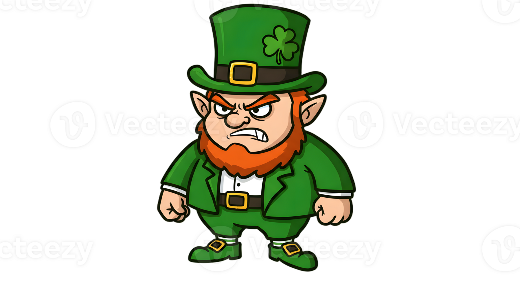 Cartoon-style leprechaun with an angry scowl, arms crossed, and a tilted green hat, isolated on transparent background png