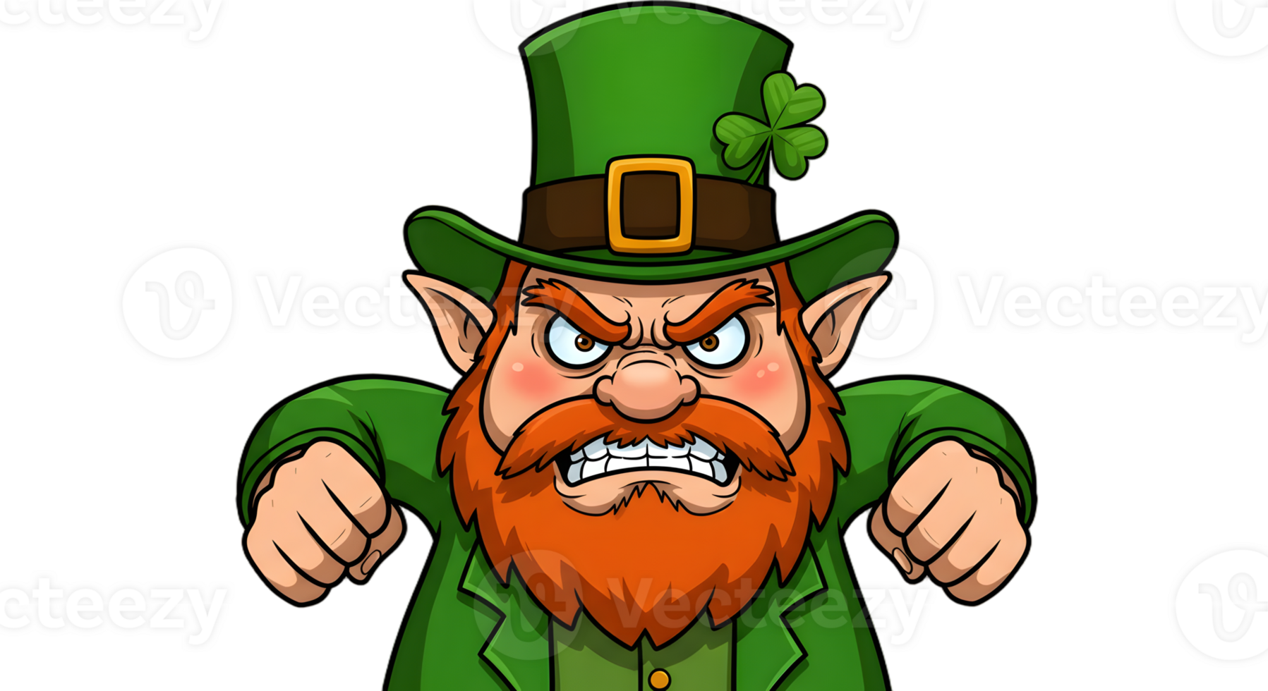 Mischievous leprechaun with a beet-red face, clenched teeth, and steam coming from his ears, in digital illustration. png