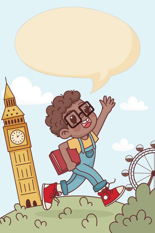 cheerful child waving and walking near iconic London landmarks. vector