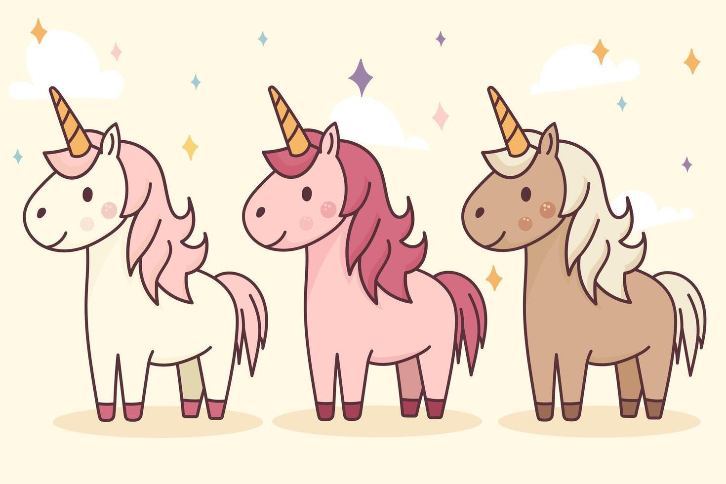 Whimsical cartoon unicorns with colorful manes and horns standing in a row, surrounded by sparkles and clouds. vector