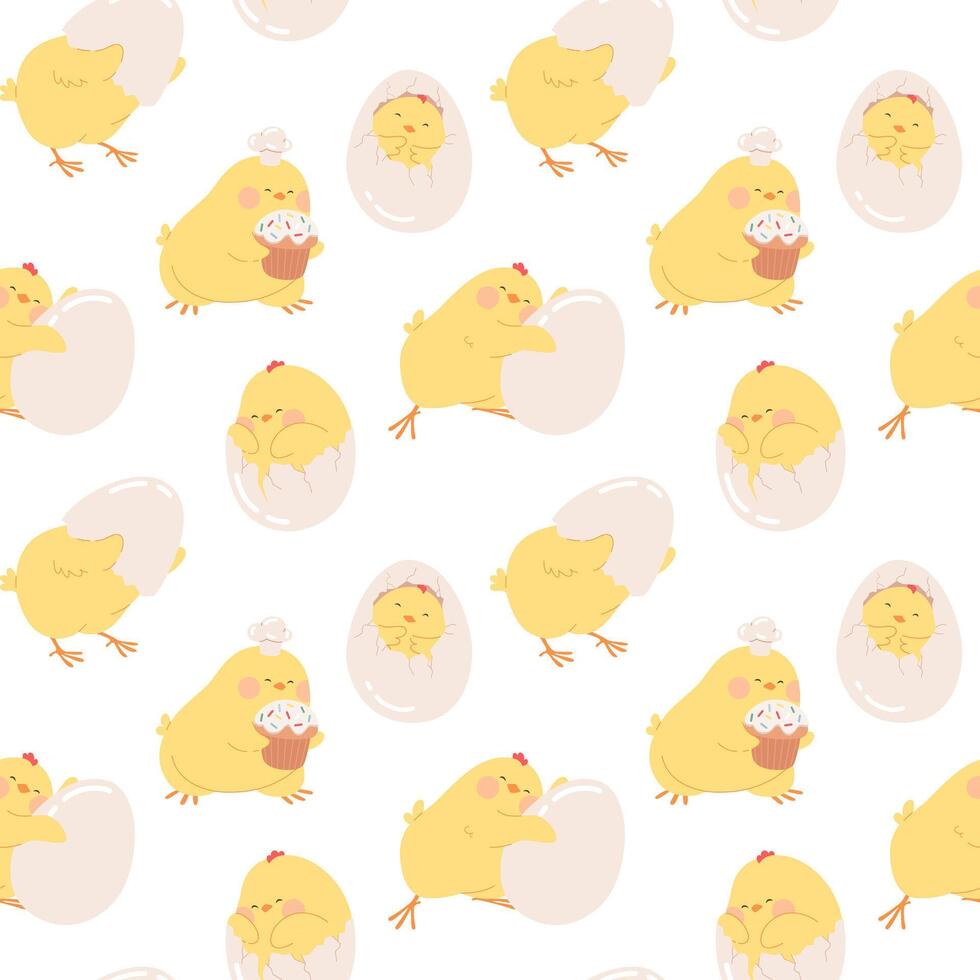 Easter chicks seamless pattern. Happy Easter background with cute newborn yellow chicks villustration for invitations, banner, gift wrapping, wallpaper, kids textiles, packaging, greeting card vector