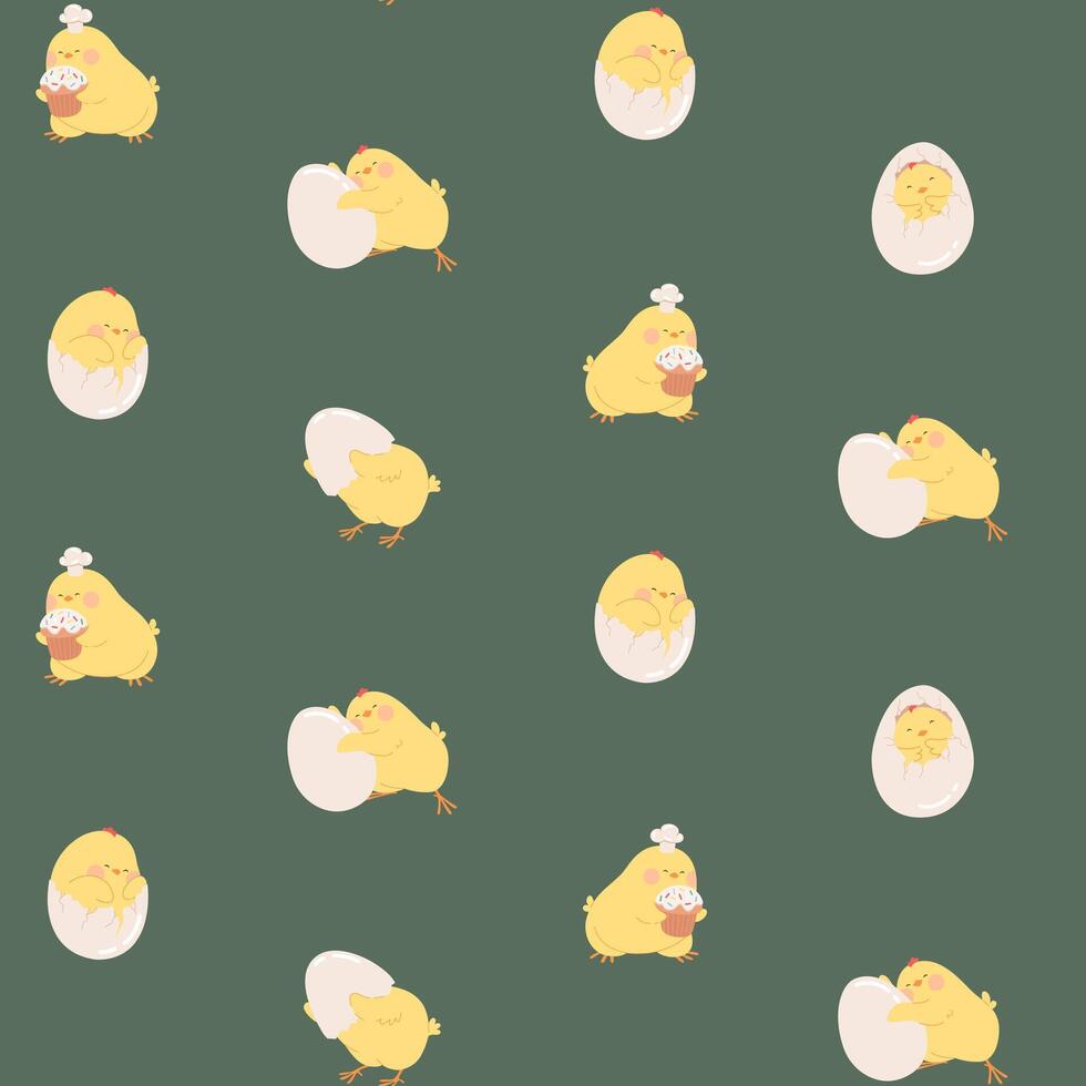 Easter baby chicks seamless pattern. Happy Easter background with cute newborn yellow chicks illustration for invitations, banner, gift wrapping, wallpaper, kids textiles, packaging, greeting card. vector