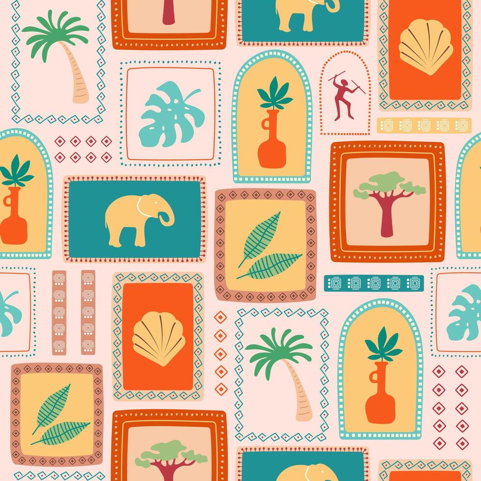 Tropical seamless summer pattern in retro style. African summer motifs. Vintage exotic print. vector