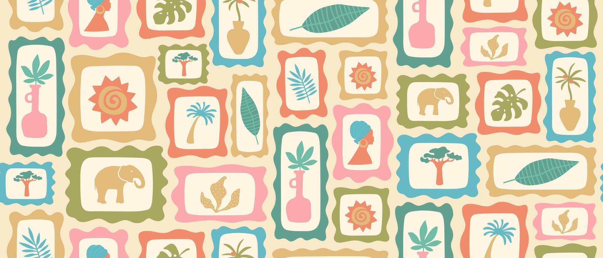 Hand drawn summer tropical seamless pattern in retro style. Patchwork illustration. vector