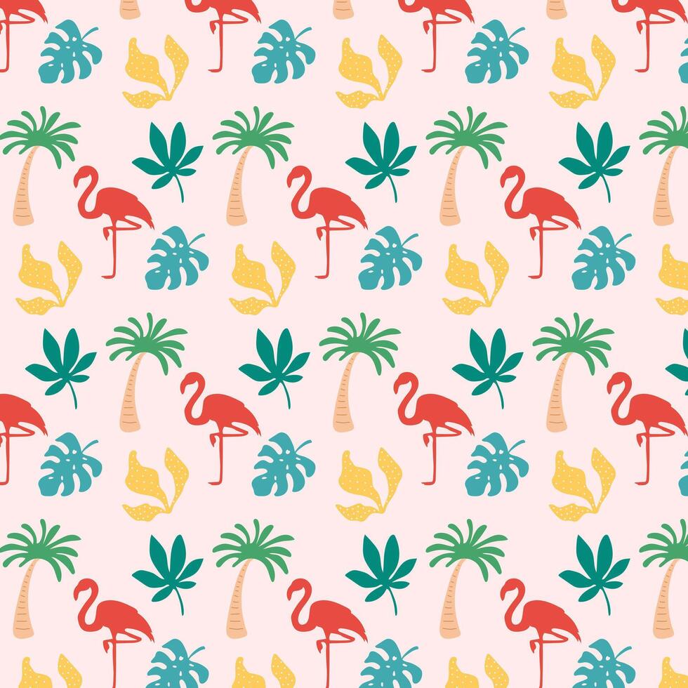 Pattern with pink flamingos, palm and tropical leaves. Seamless Hawaiian pattern for textile, wrapping paper, background. vector