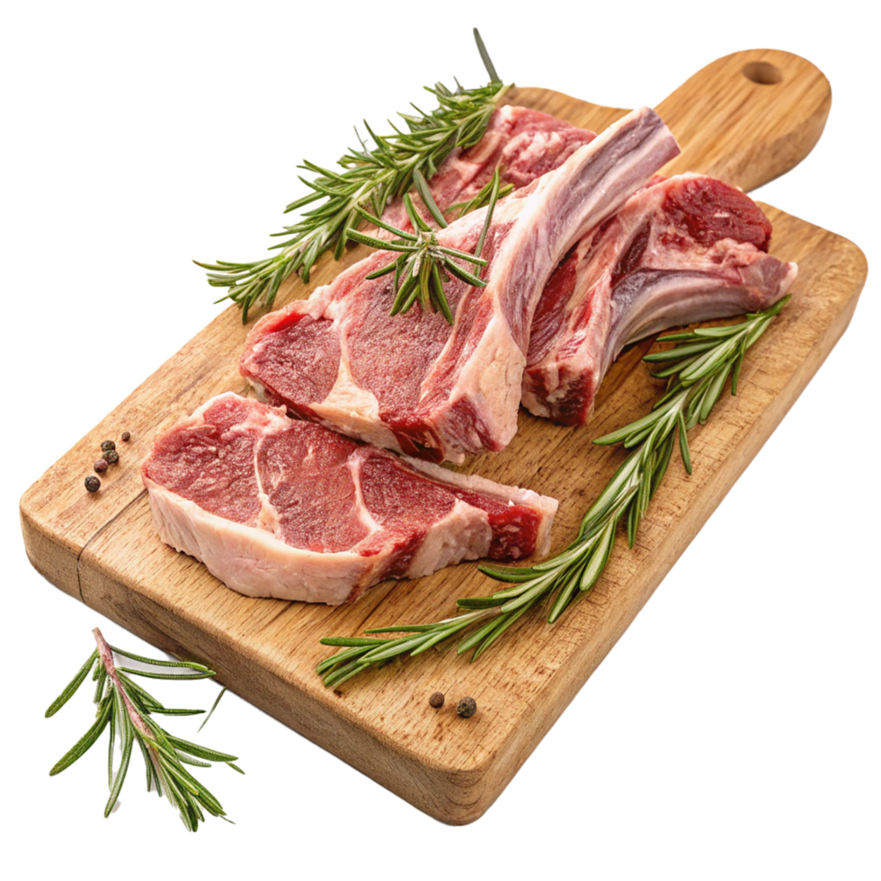 Raw lamb chops on wooden chopping board on transparent background png