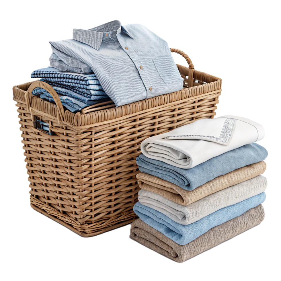 Neatly folded laundry wicked basket on transparent background png