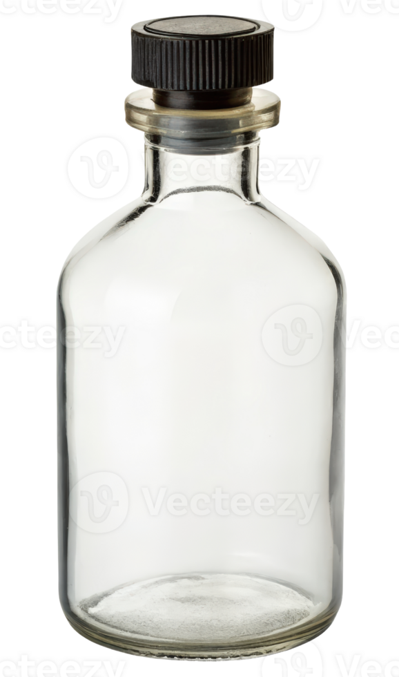 Clear glass bottle with a black screw-on cap on a transparent background png