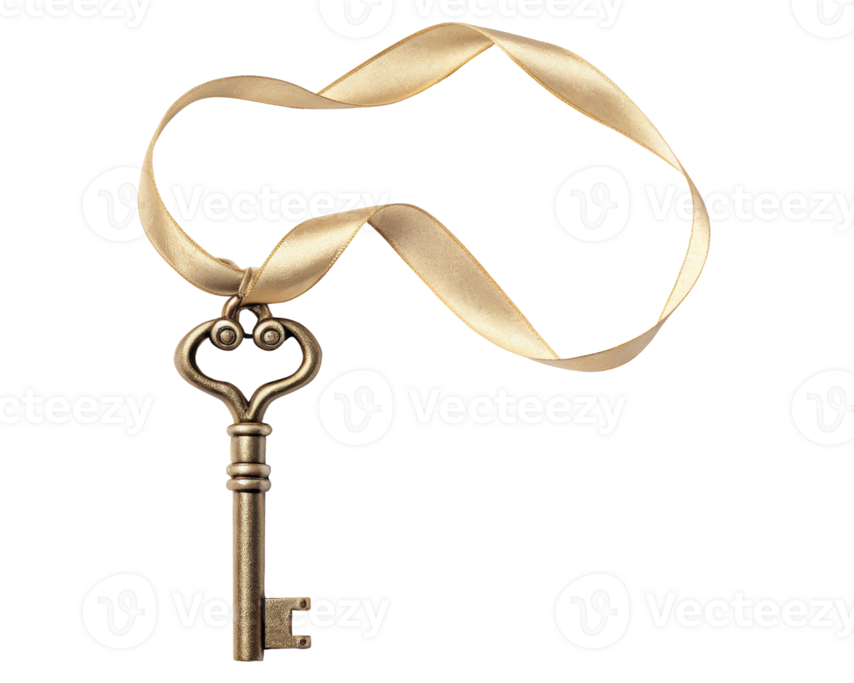 Antique key adorned with a ribbon for decorative display on a transparent background png