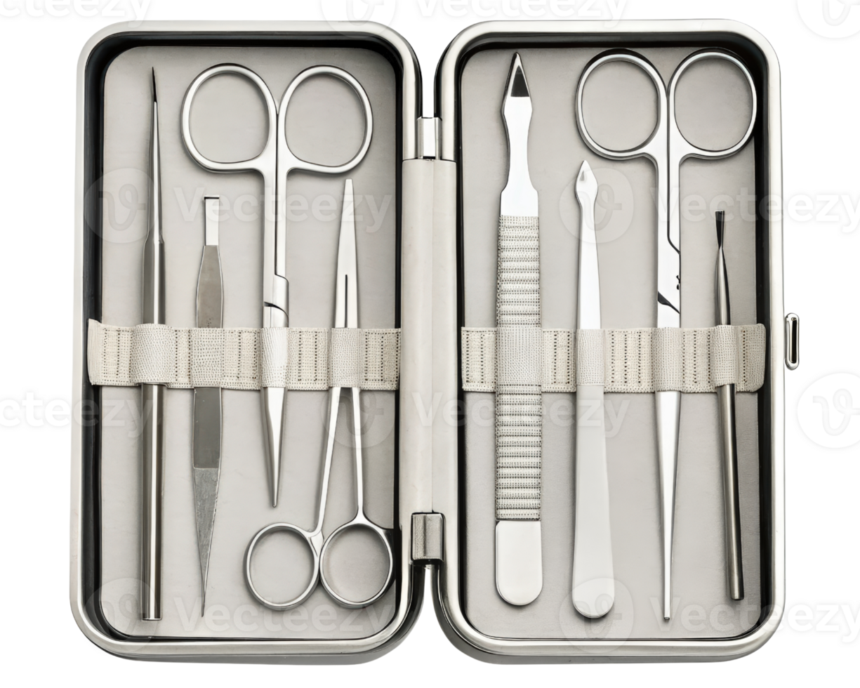 Manicure and pedicure tool set in a metal case on a transparent background png