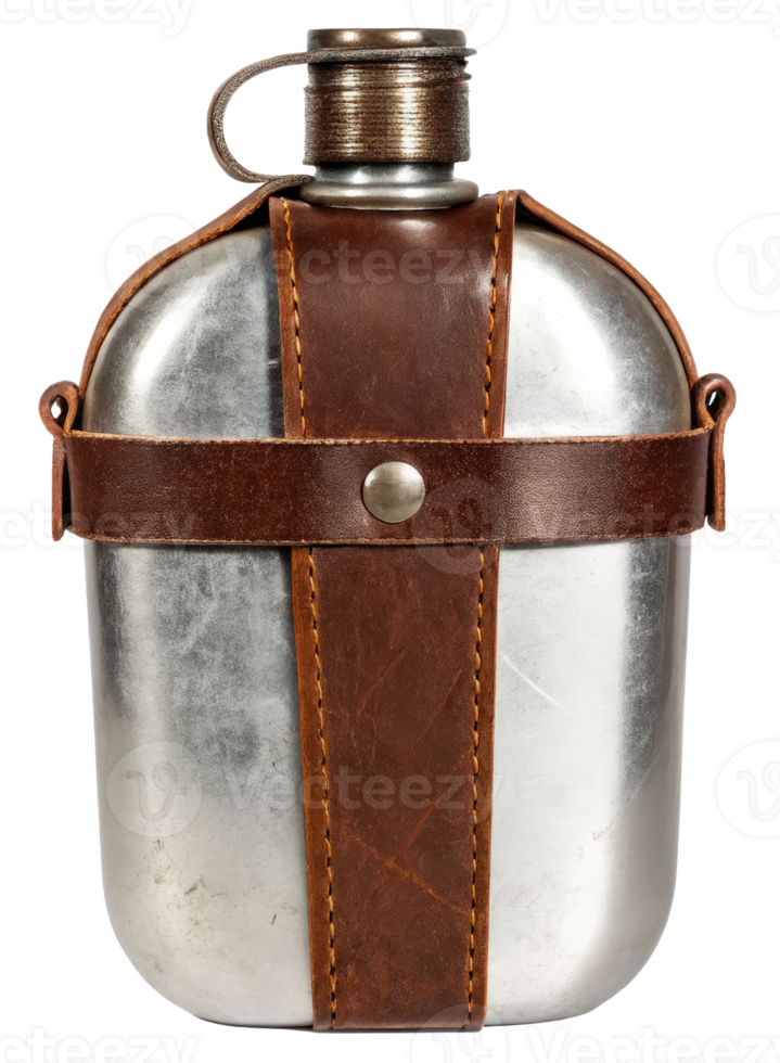 Classic stainless steel flask with a leather strap on a transparent background png