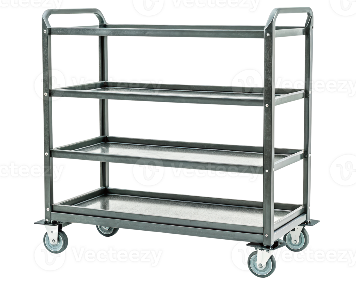 Metal utility cart with multiple shelves for easy transport on a transparent background png