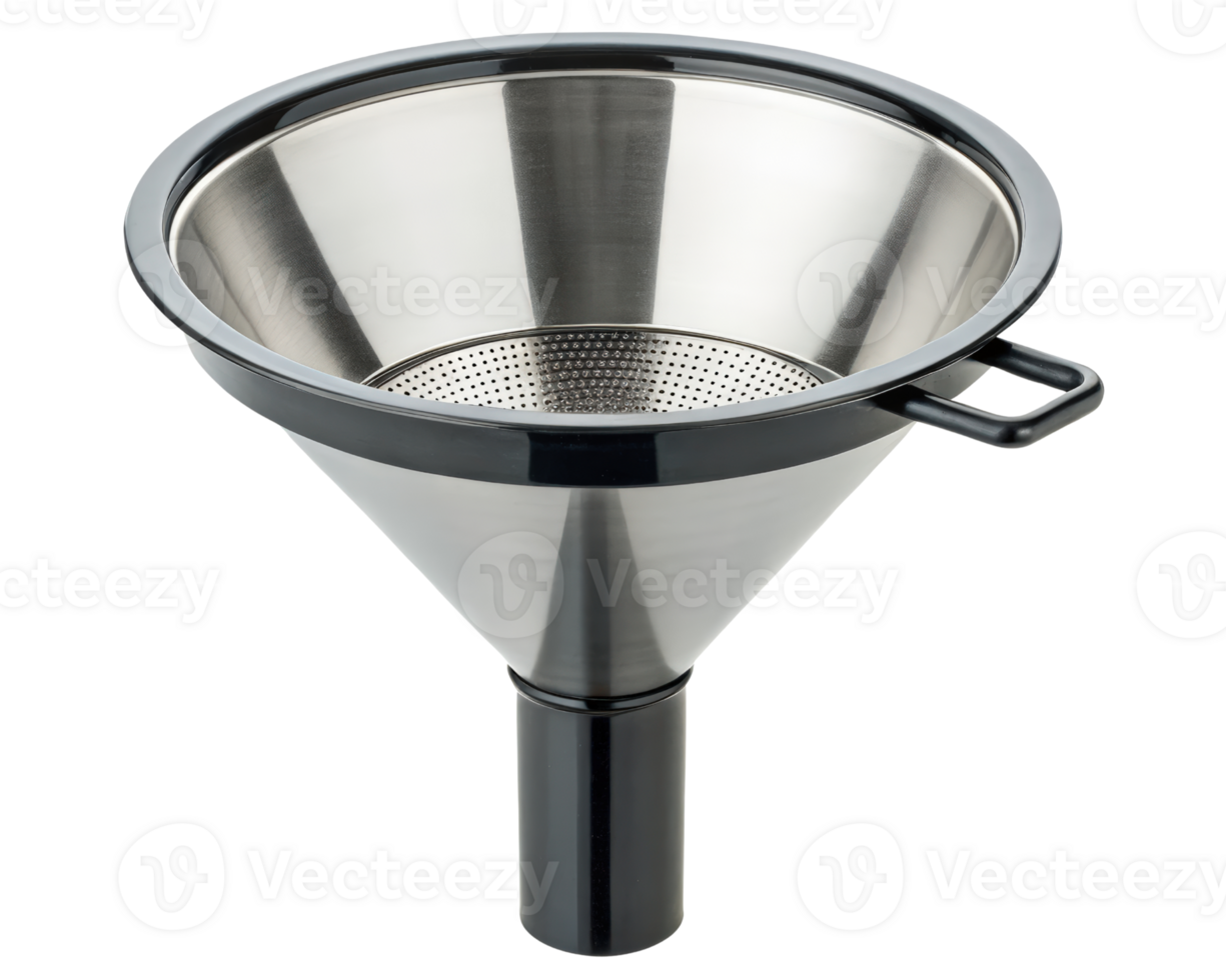 Stainless steel funnel with a fine mesh filter on a transparent background png