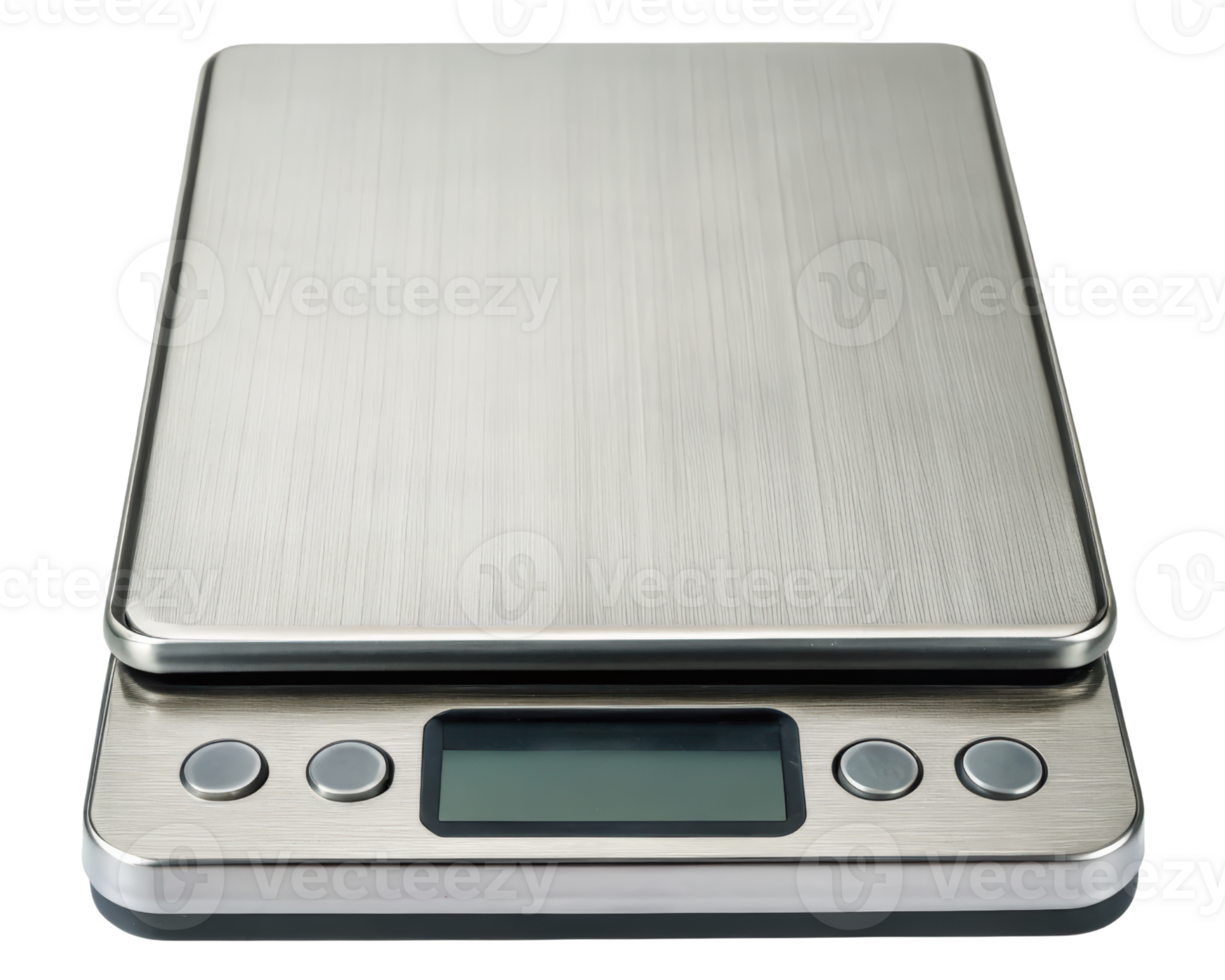 Digital kitchen scale with a stainless steel surface on a transparent background png