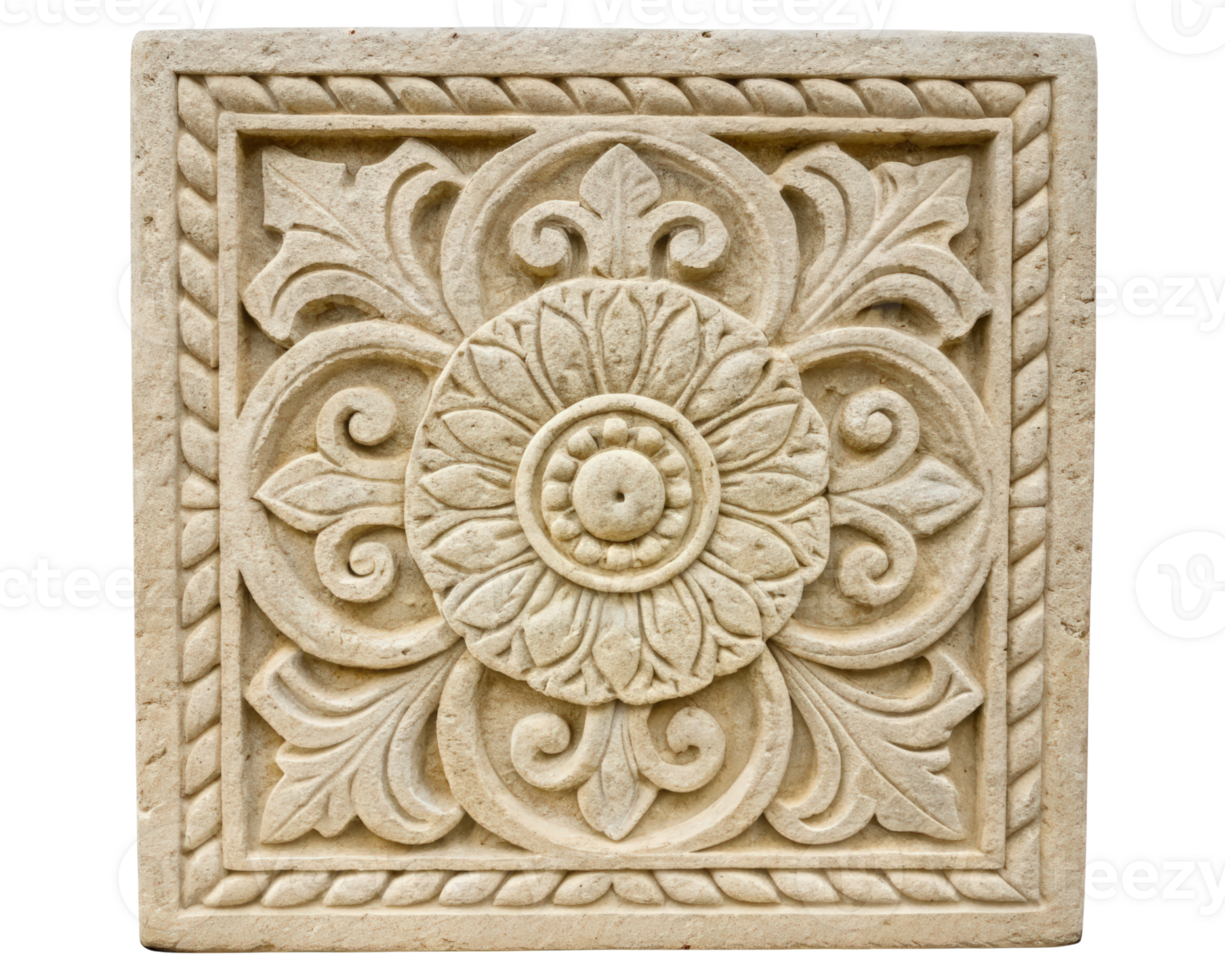 Decorative stone panel featuring intricate floral designs on a transparent background png