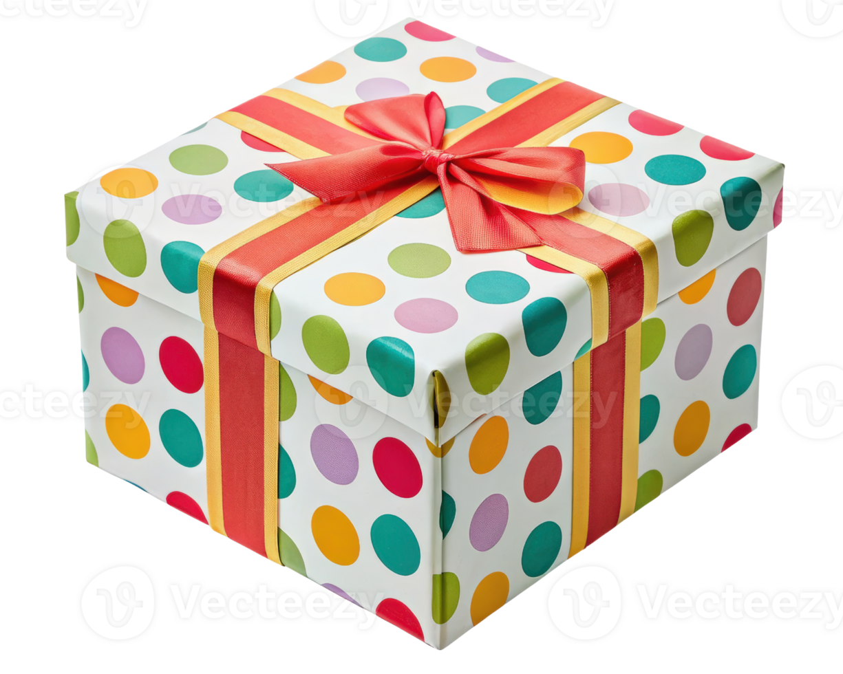 Colorful gift box wrapped in cheerful polka dot paper on a transparent background png
