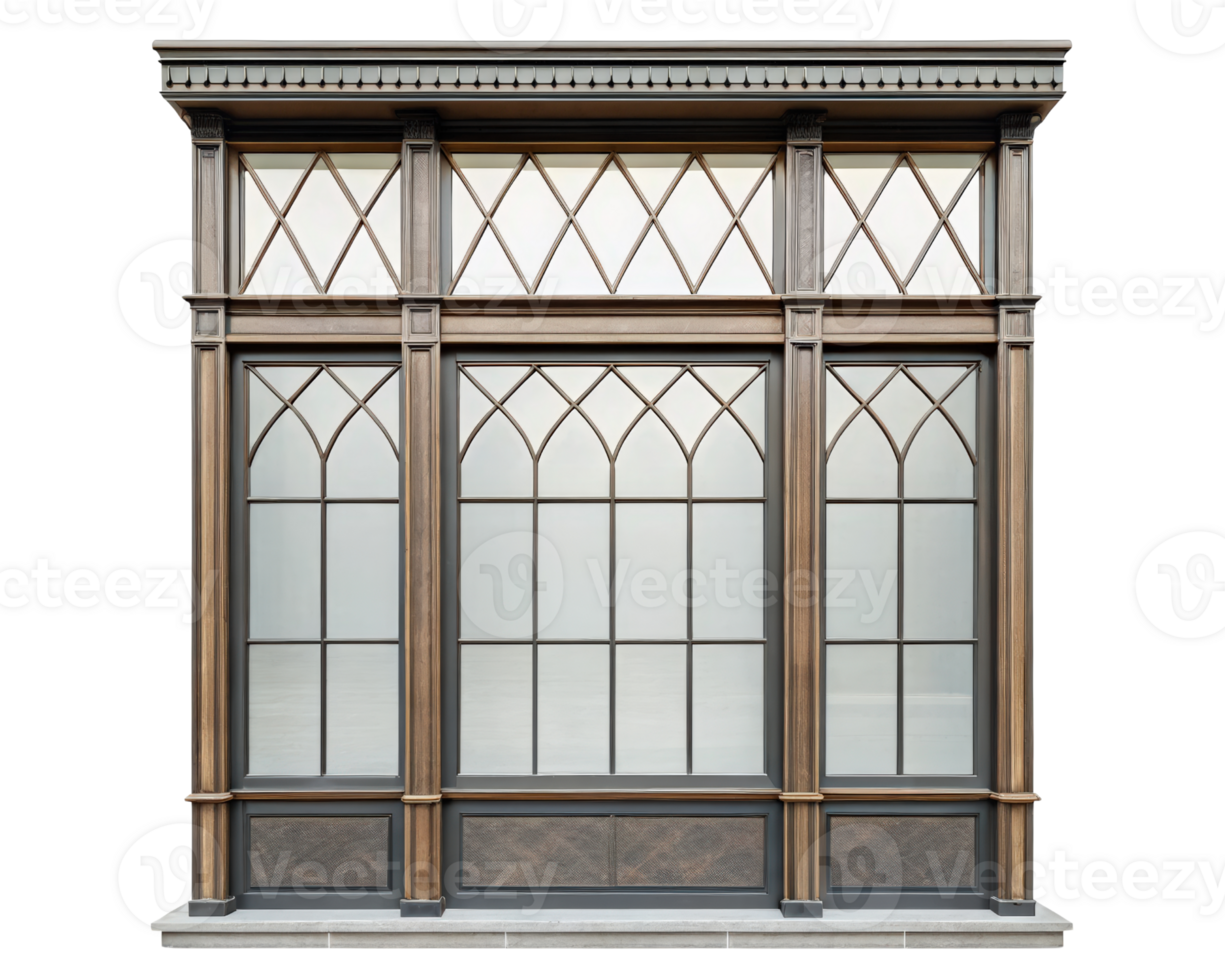 Historic building facade with large windows on a transparent background png
