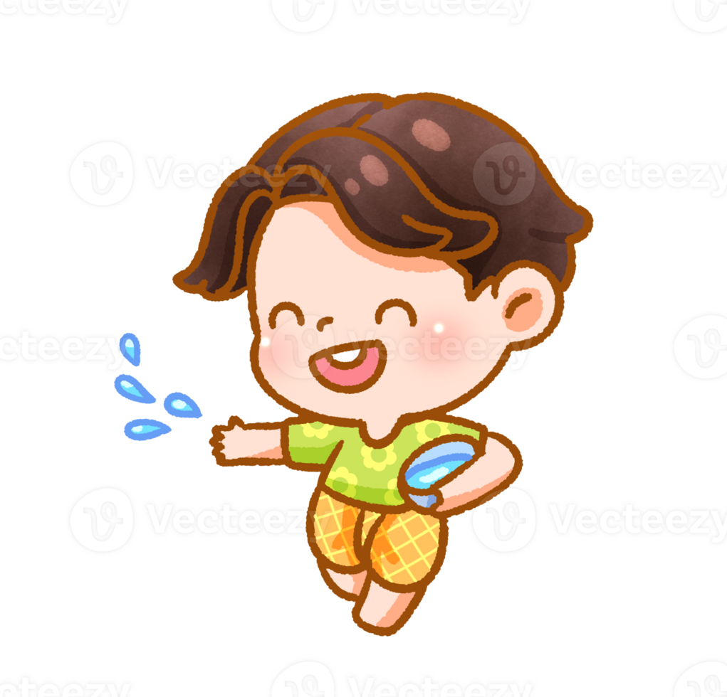 Cheerful Child Playing with Water Songkran Festive Handdrawn png
