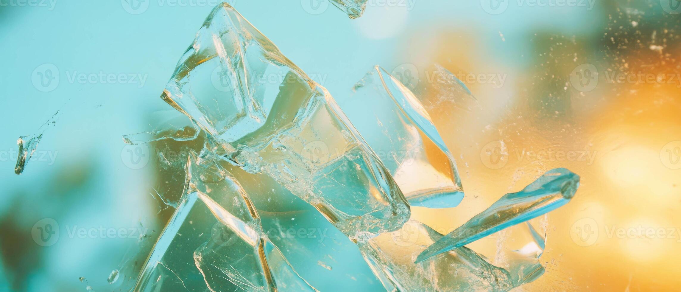 Intricate details of shattered glass demonstrating transparency and fragility in sunlight photo