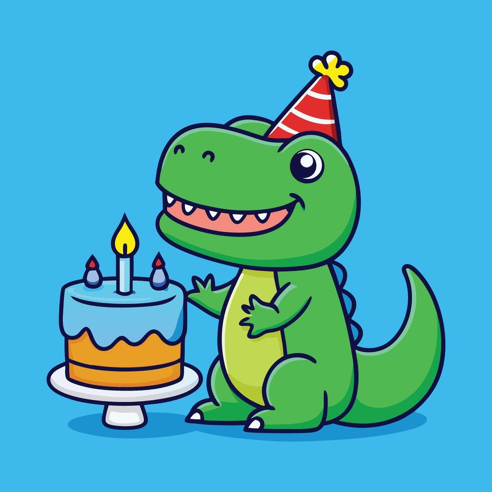 Cute Dinosaur Celebrating Birthday with Cake Cartoon Art Illustration Design vector