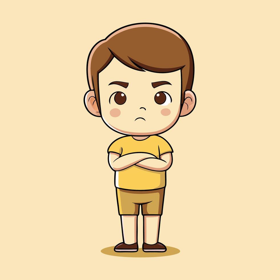 Angry Boy Standing with Crossed Arms Cartoon Art Illustration Design vector