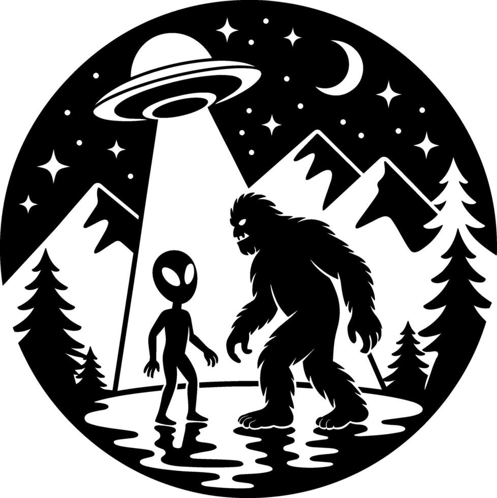 Alien and Bigfoot Facing Each Other Silhouette vector