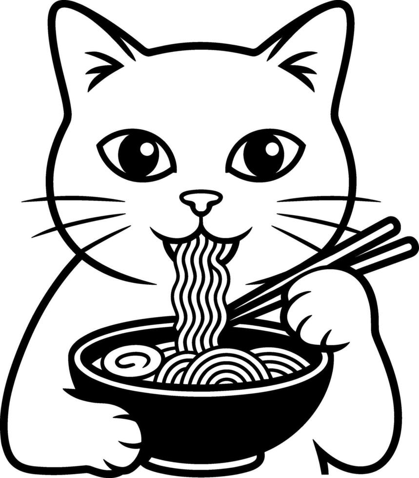 Silhouette of Cat Eating Ramen from a Bowl vector