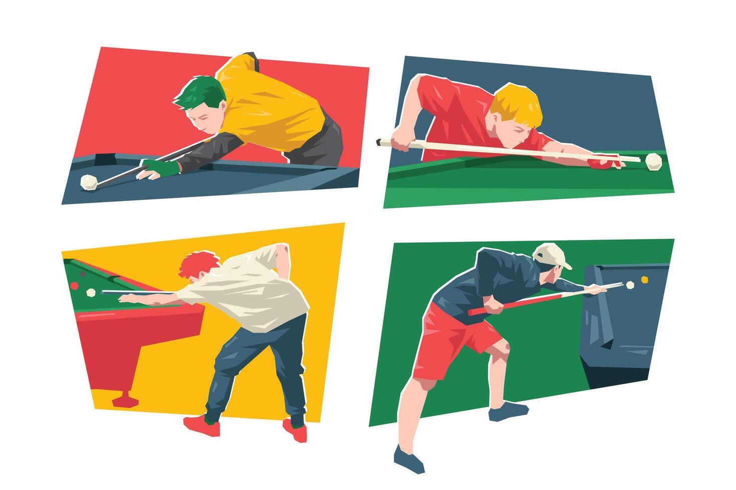 set of male character playing billiard, pool, snooker. sport, lifestyle. flat illustration. vector