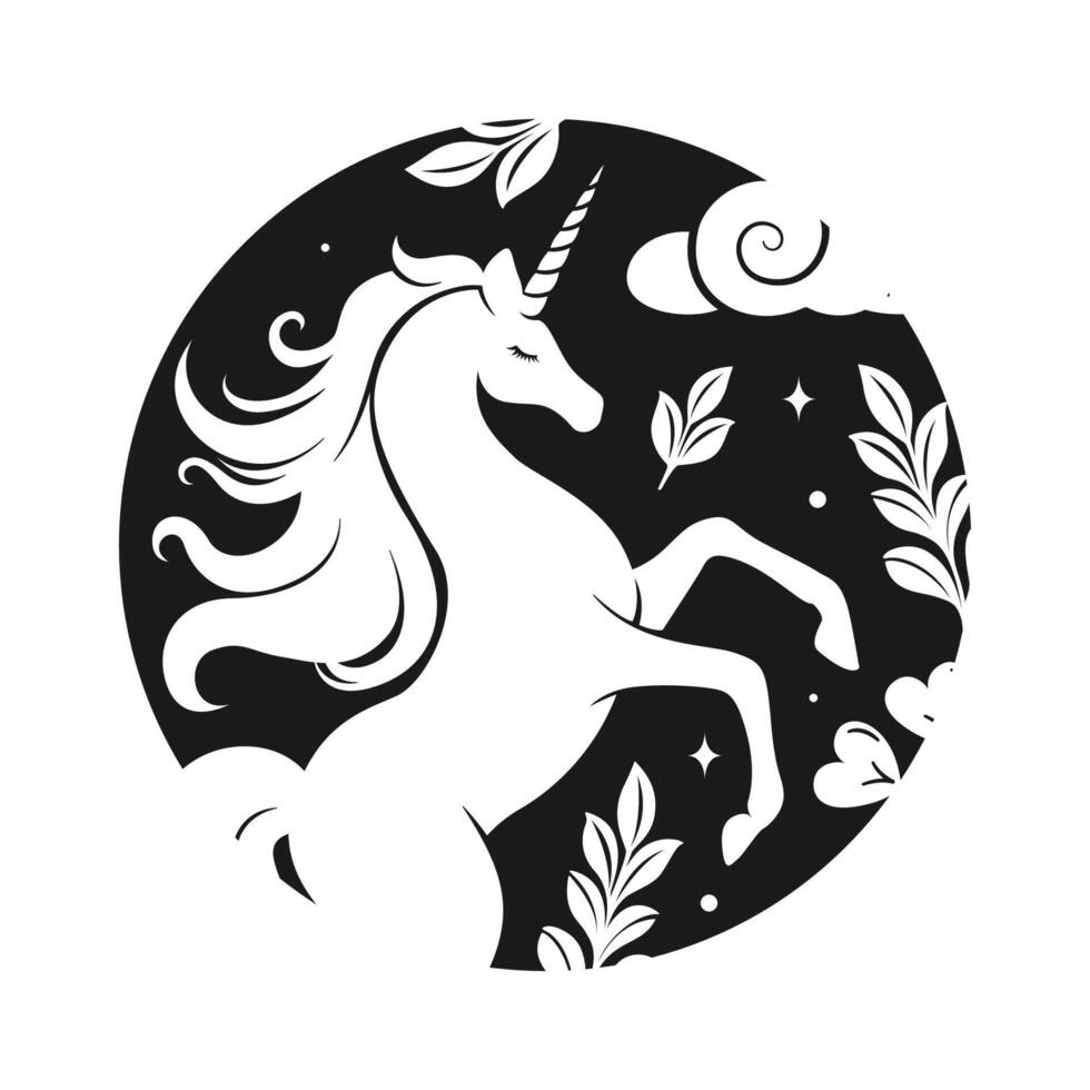 Unicorn black and white print. Fantasy magical mystic horse tattoo clipart set. Product design t shirt sticker print. vector
