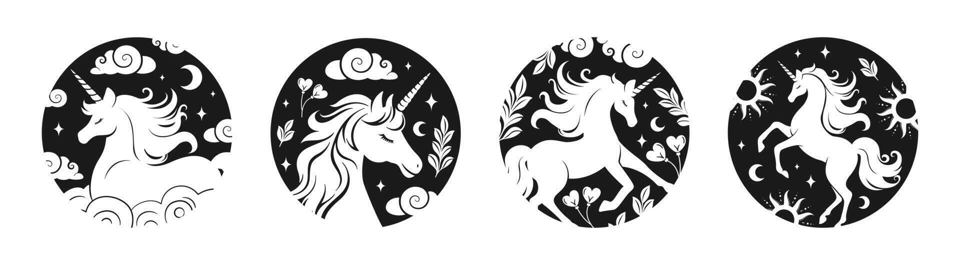 Unicorn prints set. Fantasy magical mystic horse tattoo clipart set. Product design t shirt sticker print. vector
