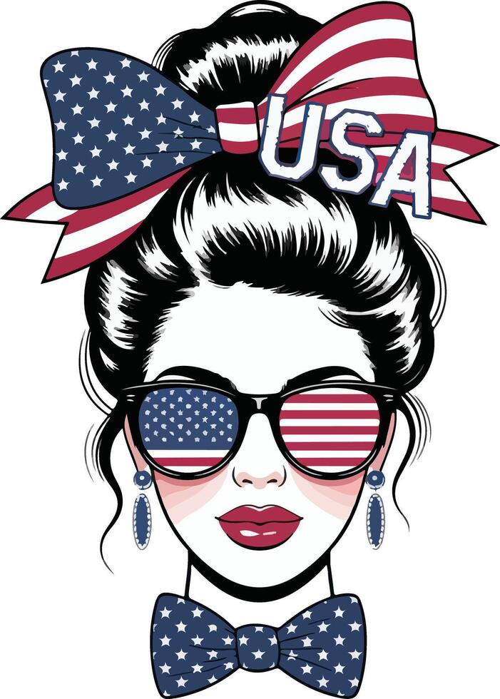 Retro Pin-Up Woman with American Flag Bow and Shades vector
