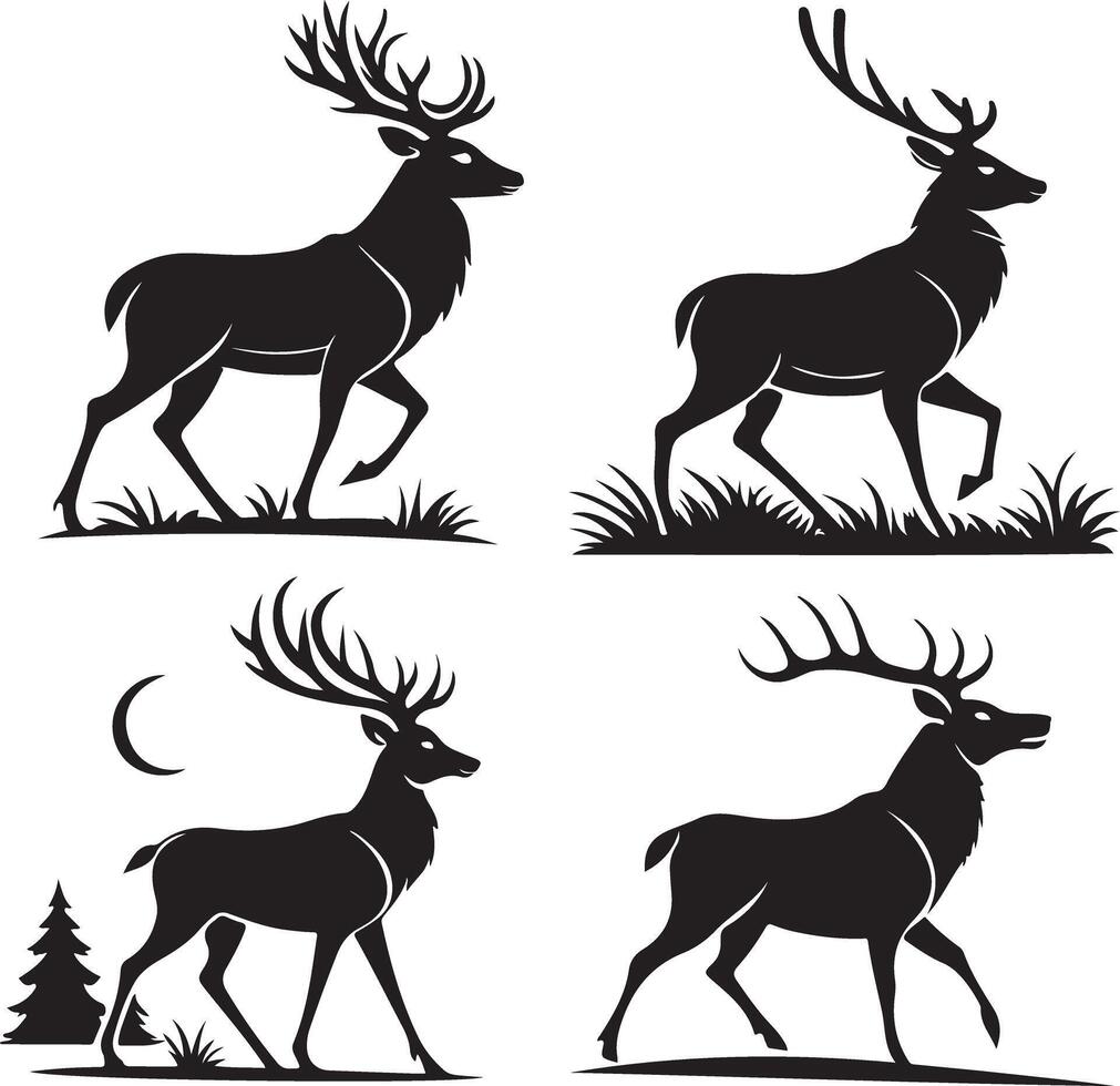 Black Reindeer Silhouette Icons for Holiday Graphics vector
