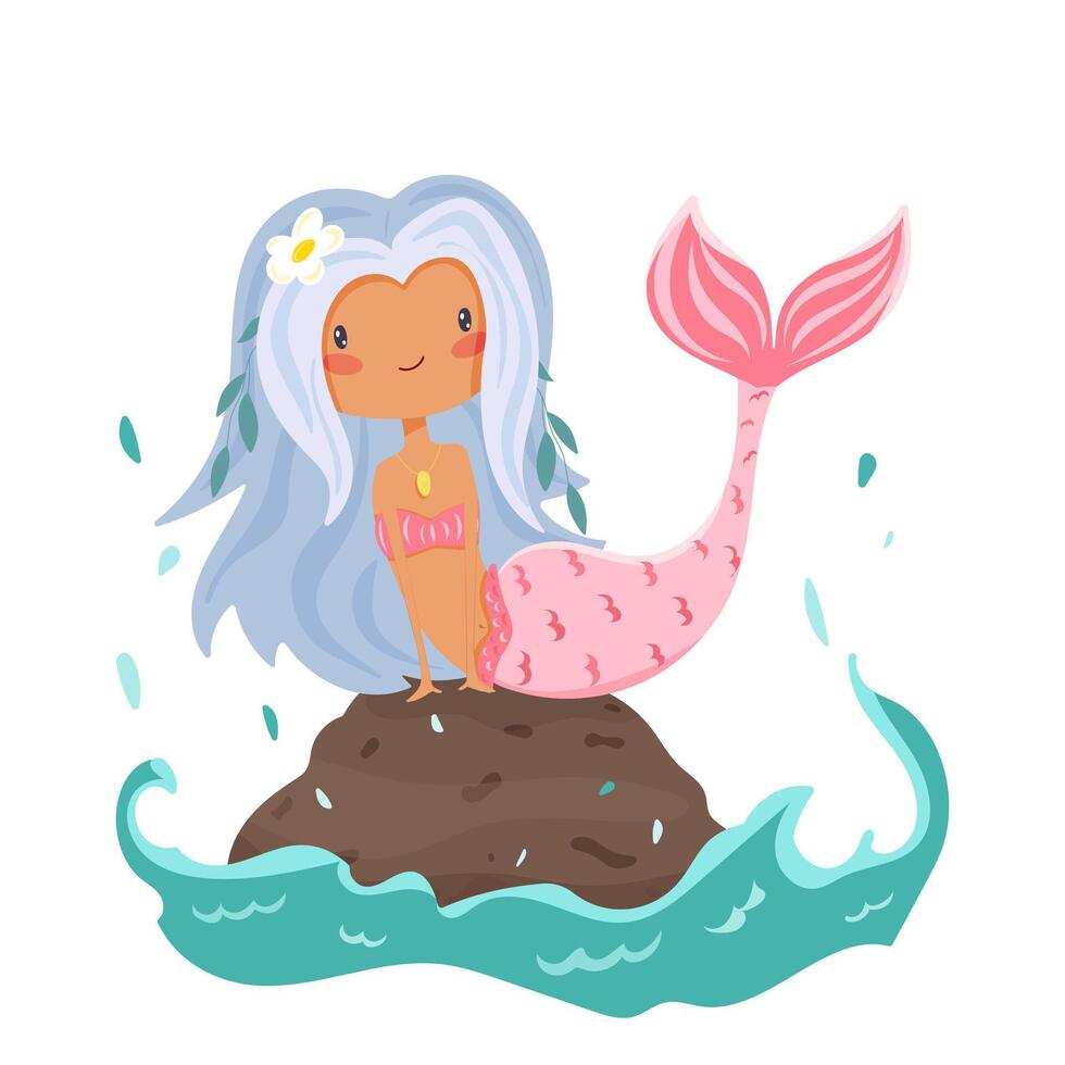 Mermaid sitting on rock with sea splash, isolated on white background vector