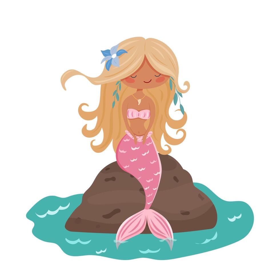 Cute mermaid sitting on a rock, isolated on white background vector