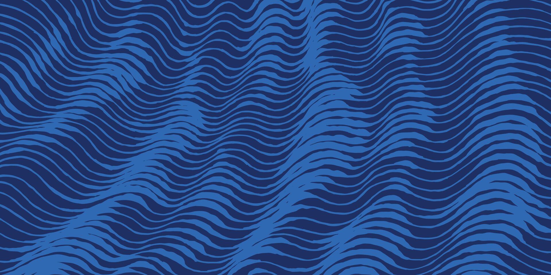 Crafted hand drawn brush lines abstract wave pattern, Japanese wood carving, block print textured background in blue, simple monochromatic graphic for carpet, textile vector