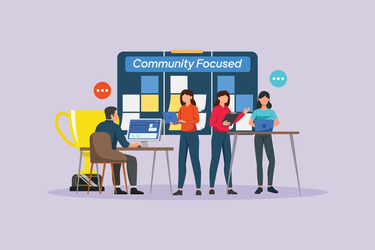 Focus with the tasks of each community member. Community Focused Concept. Colored flat illustration isolated vector