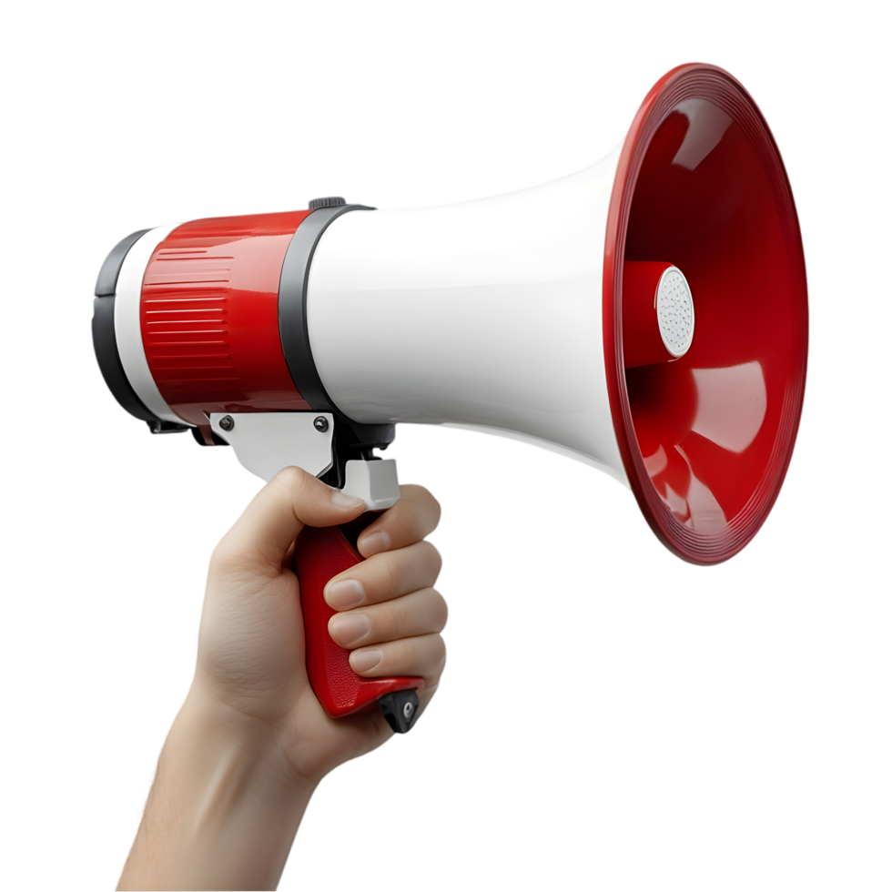 Hand holding a red and white megaphone announcing news png
