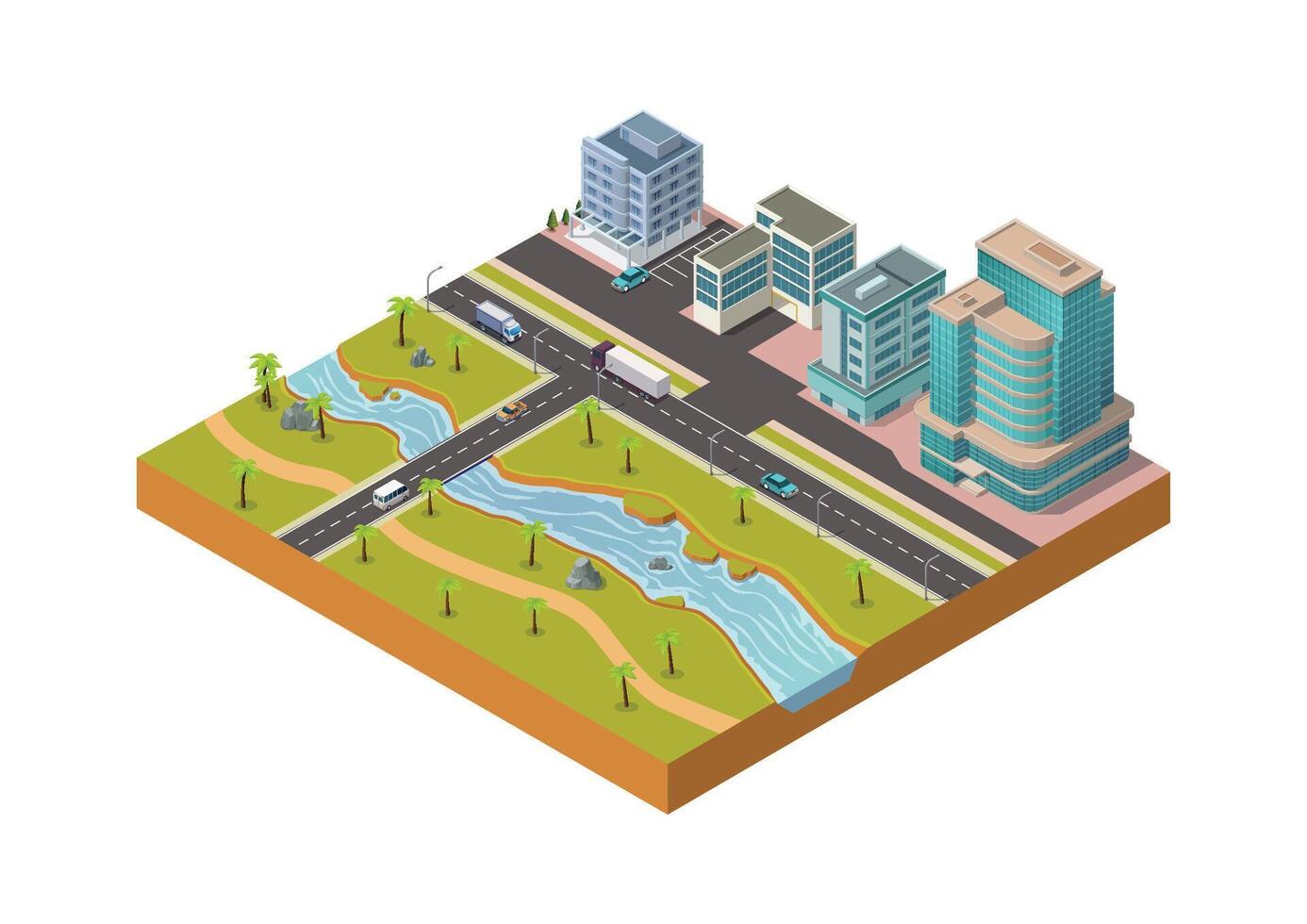Isometric city with modern building and natural river vector