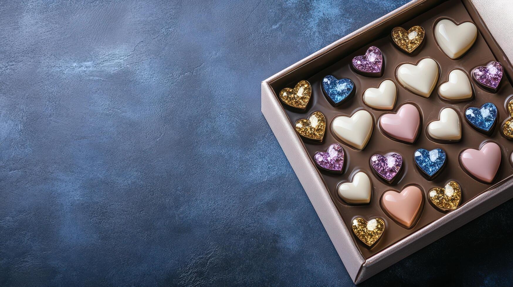 A box of chocolates with hearts on a blue background photo