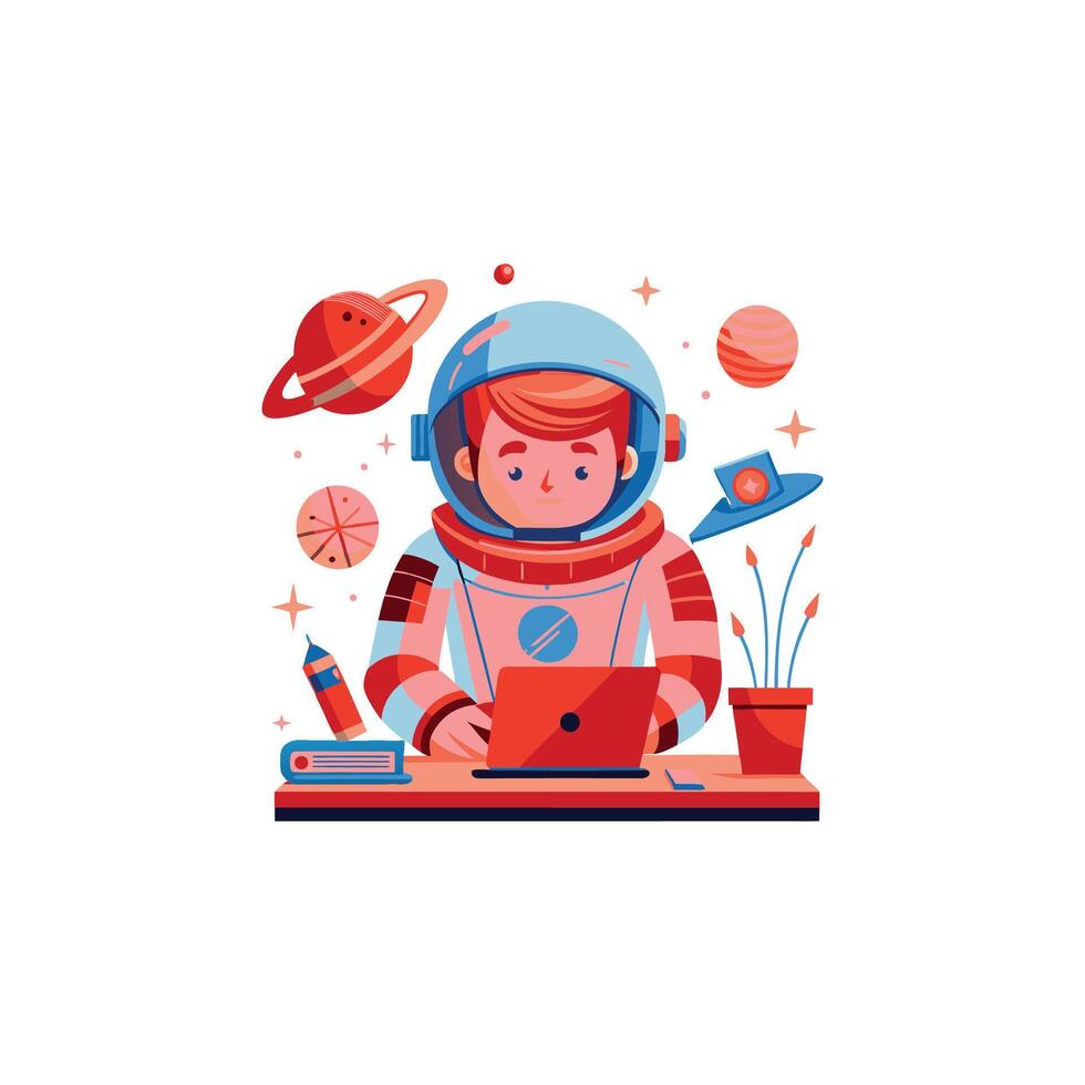 Astronaut Working On Laptop And Writing Cartoon Illustration. Science Business Concept Isolated . Flat Cartoon Style vector