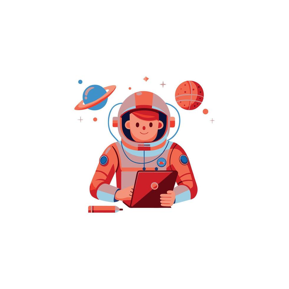 Astronaut Working On Laptop And Writing Cartoon Illustration. Science Business Concept Isolated vector