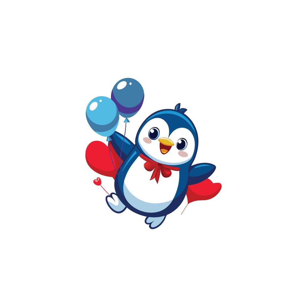 Cute Penguin Flying With Balloons Cartoon Illustration. Animal Love Concept Isolated . Flat Cartoon Style vector