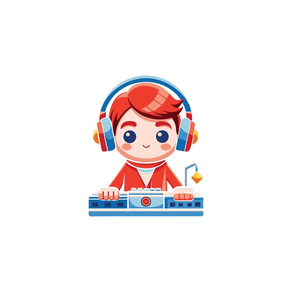 Cute DJ Playing Music Cartoon Icon Illustration. People Music Icon Concept Isolated Premium vector