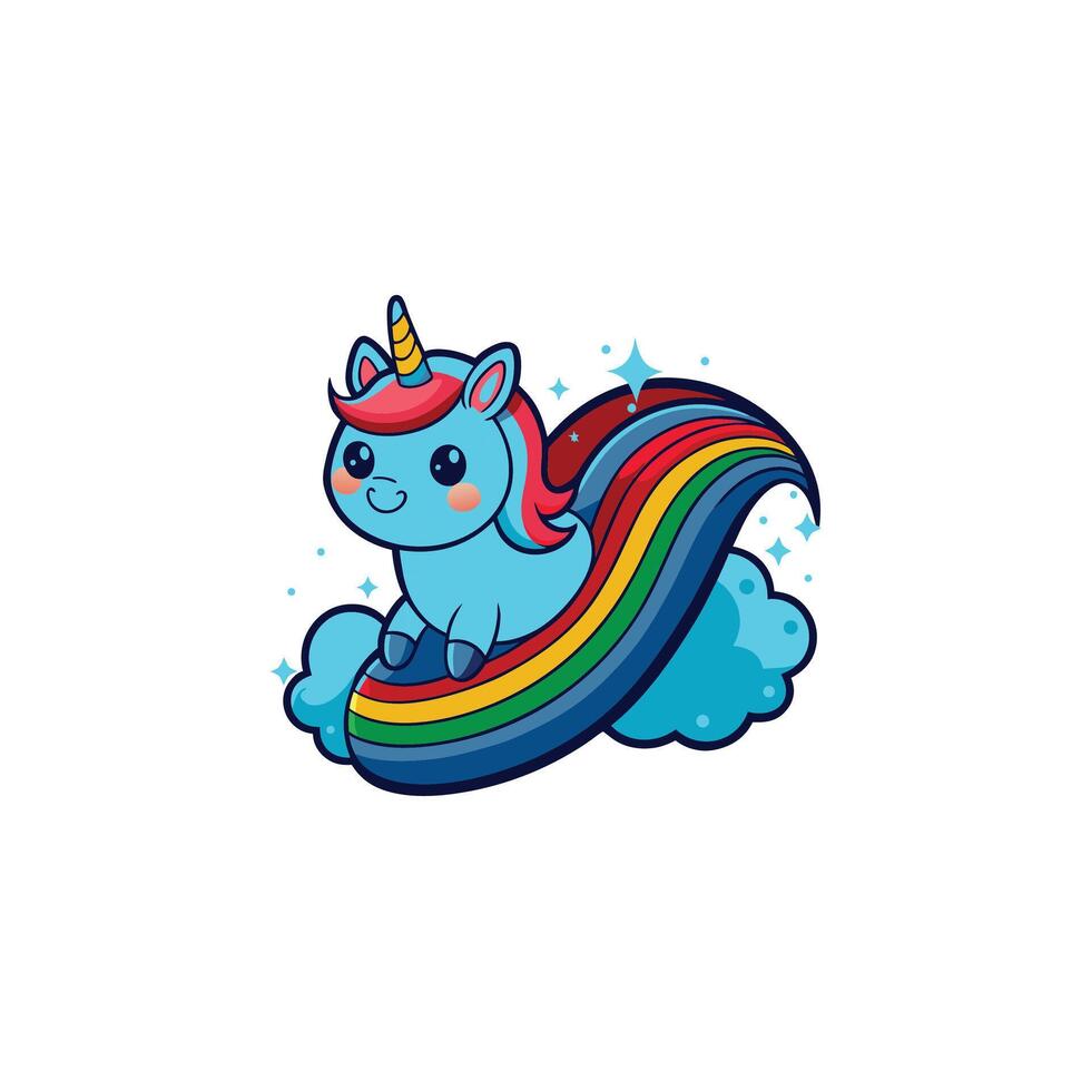 Cute Unicorn Sliding On Rainbow Cartoon Illustration. Animal Fantasy Concept Isolated. Flat Cartoon vector