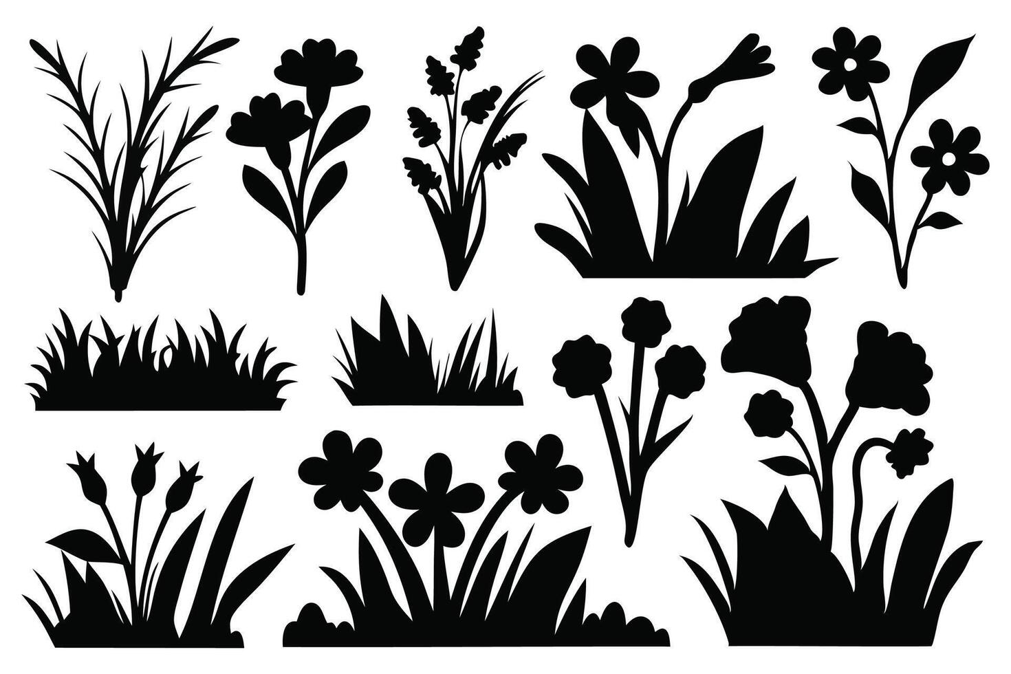 Privacy shrub lawn grass flowers silhouettes set isolated flat illustration on white background. vector