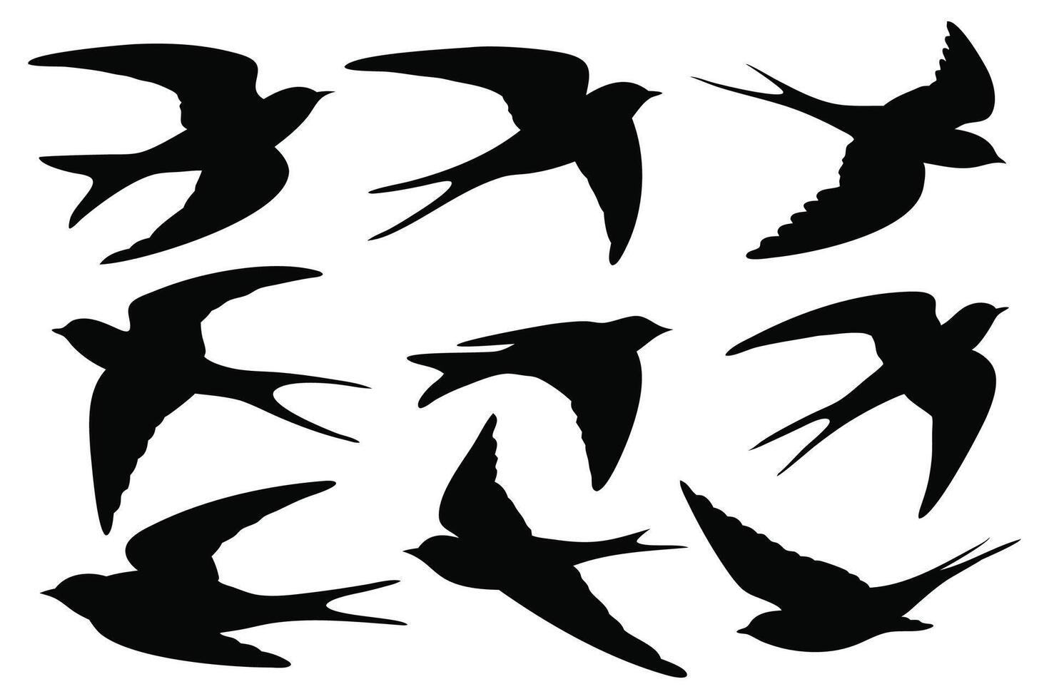 Flying swallows silhouettes set isolated flat illustration on white background. vector