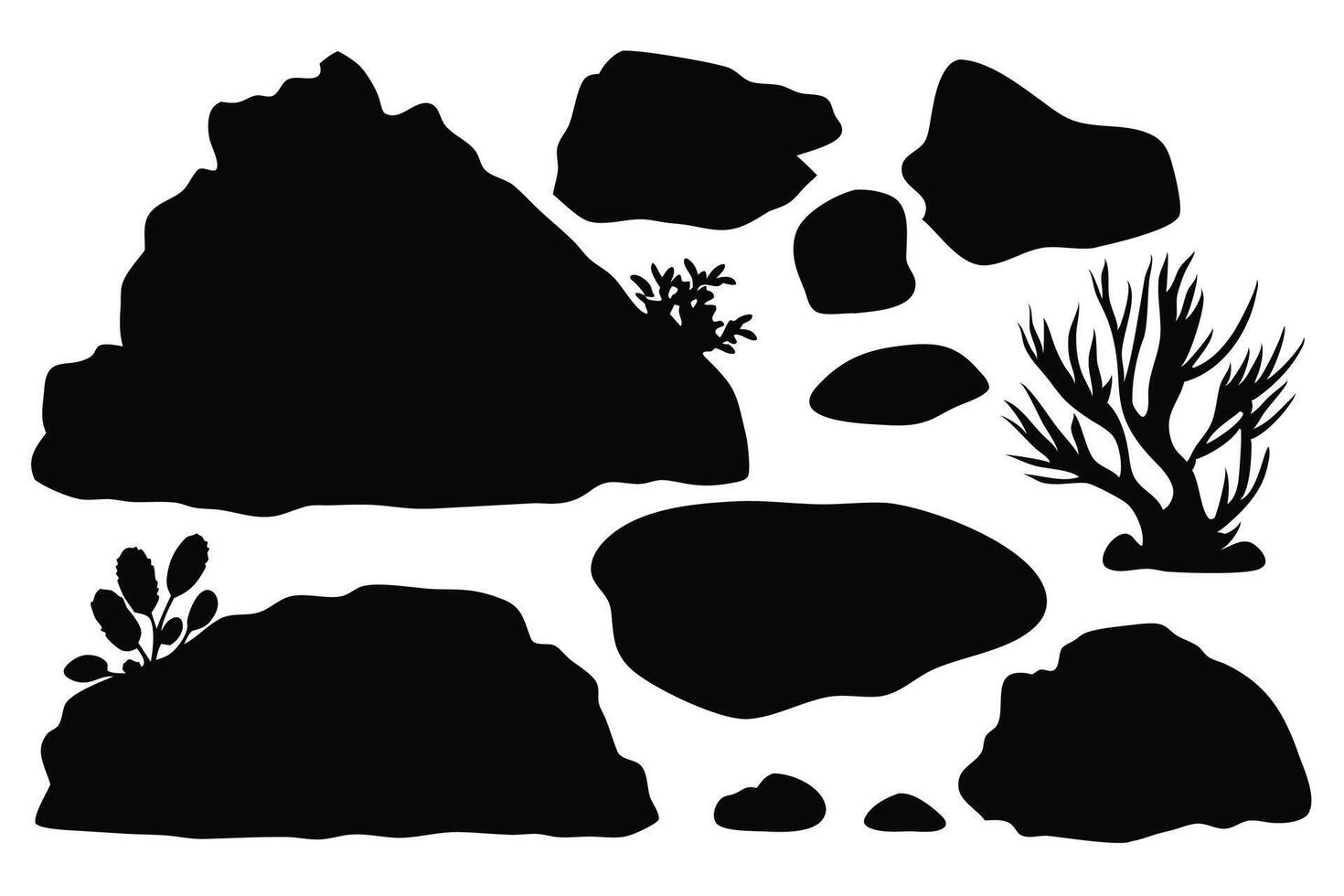 Black rock specimen silhouettes set isolated flat illustration on white background. vector