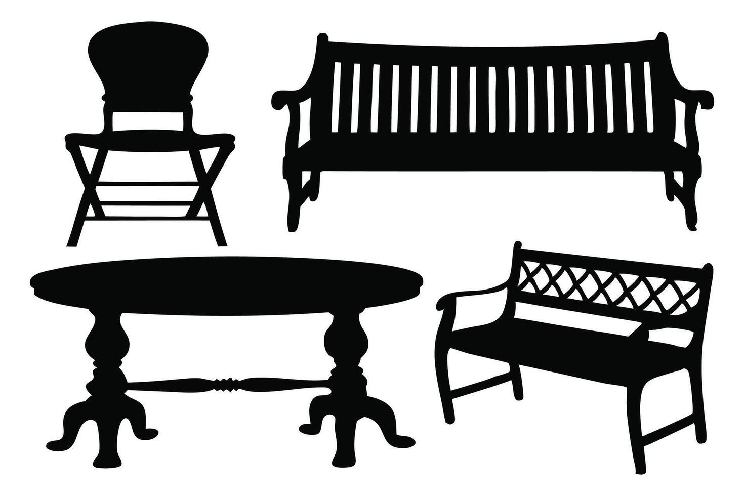 Chair table bench silhouettes set isolated flat illustration on white background vector